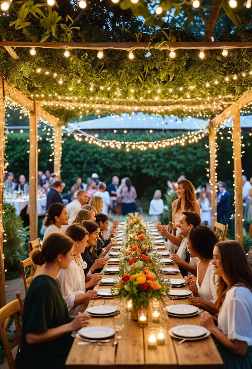 A beautifully arranged outdoor event scene with colorful floral decorations, twinkling fairy lights, and cheerful guests engaged in lively conversations. Include a long wooden dining table adorned with elegant tableware and delicious platters of food, surrounded by lush greenery. Capture the essence of joy and community in the atmosphere. super-realistic. vibrant colors.