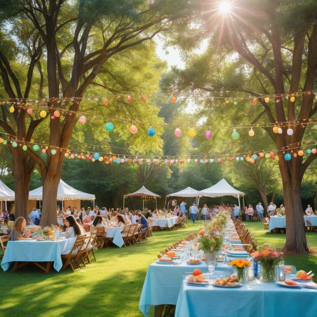 A vibrant outdoor gathering scene filled with people joyfully connecting at a beautifully decorated picnic. Colorful banners and fairy lights adorn the trees, while tables are set with delicious food and cheerful floral arrangements. Diverse groups of individuals laugh and share stories, embodying the spirit of togetherness. The sun shines brightly in a clear blue sky, creating a warm and inviting atmosphere. watercolor painting. bright colors. soft focus.