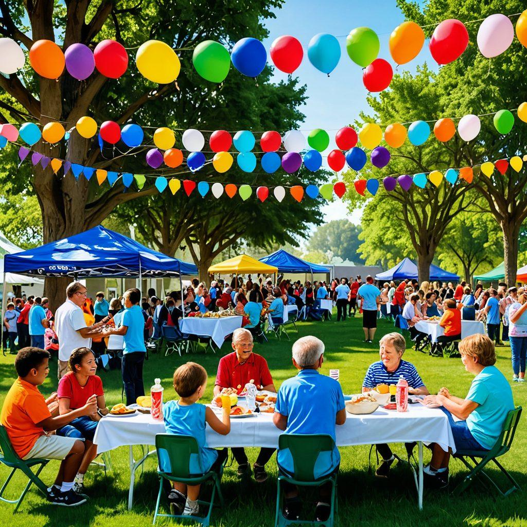 A festive scene depicting a diverse group of people of various ages joyfully participating in a community celebration, surrounded by colorful decorations, balloons, and a large banner reading 'Togetherness'. Include elements like picnic tables with vibrant food, children playing games, and live music in the background. Capture the essence of joy and community spirit with warm, inviting colors. super-realistic. vibrant colors. bright atmosphere.